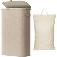 Famanu – Wasmand met deksel, grote opvouwbare vuilnisbak met plastic handvatten, 65L, beige, geschikt voor waskamer en badkamer