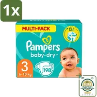 Pampers 1 x - Baby-Dry - Luiers - Maat 3 (6-10 kg) - 198 Luiers- Luiers Baby - Baby Droog - Lekken Bescherming - Babyhuid Bescherming - Superabsorberend