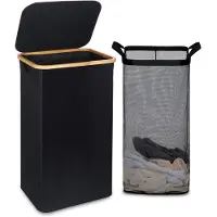 Famanu – Grote wasmand met deksel, 100 l, hoog, met bamboe handgrepen, opvouwbare vrijstaande wasmand voor het opbergen van kleding en speelgoed, zwart