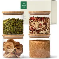 Famanu – Voorraadpotten set van 4 x 600ml, stapelbare kleine potten met deksels van duurzaam bamboe, glazen voorraadpotten voor meel en granen