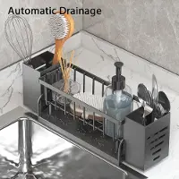 Famanu – Spoelbak-organizer, keukensponshouder, gootsteenorganizer met spoeldoekhouder en opbergdoos, metalen gootsteenorganizer met automatische afvoerpan, kan aan de muur worden gehangen (zwart)