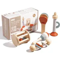 AKKEE Houten Muziekinstrumenten Baby - 5-Delige Montessori Muziekset - Maraca, Rammelaars, Trompet en Castagnet - Vanaf 6 Maanden