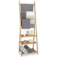 Famanu – Inklapbaar bamboe handdoekrek, badkamerrek met 3 planken, 3 stangen en 4 haakjes, HxBxD: 152x53x31 cm, natuur