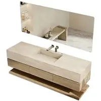360Home Badmeubelset met wastafel van gesinterd materiaal in travertin-look, verborgen afvoer, spiegel, onderkast, opbergruimte en afvoerset. [XP1498BKK-140]