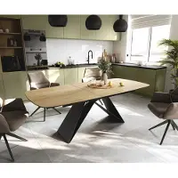 DELIFE Eettafel Edge Boot 180-220x100 cm Keramiek Laminam Sabbia Eichefarbig V-onderstel Flachstahl Zwart uitschuifbaar