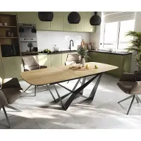 DELIFE Eettafel Edge Boot 180-220x100 cm Keramiek Laminam Sabbia Eichefarbig Spider Flachstahl Roestvrij staal Grafiet uitschuifbaar