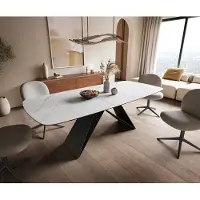 DELIFE Eettafel Edge Boot 180-220x100 cm Keramiek Laminam Statuarietto Wit V-onderstel Flachstahl Zwart uitschuifbaar