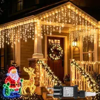 Rosikey IJzelregen lichtketting, warm wit, 15 meter. IJskristal LED lichtketting, 8 modi, timer en geheugenfuncties. Geschikt voor ramen, dakgoten, balkons, tuinen, kerstdecoratie