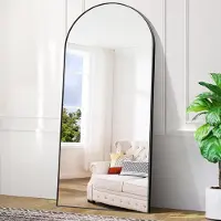 Famanu – Staande spiegel van 192x85 cm, gebogen vloerspiegel in zwart, grote wandspiegel met standaard voor woonkamer en slaapkamer