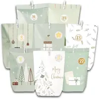 Sonstiges Zelfmaakadventskalender, bestaande uit 28 papieren zakjes met kerstmotief, cijferstickers, houten klemmetjes en lint, kleur groen