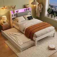 Merax Kinderbed, multifunctioneel bed 120x200 cm met uitschuifbaar bed van 90x190 cm, houten bed met LED-hoofdeinde en plank, gastenbed/éénpersoonsbed met oplaadstation, wit