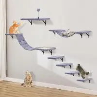 Famanu katten klim- en speelset met krabpaal, hangmat, kattenhol, kattentunnel, krabplank en krabboom - 7-delig houten kattenmeubel (grijs)