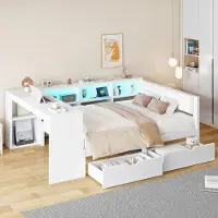 Ulife Houten platformbed met bureau, boekenkast, lades en LED-hoofdeinde, bekleed hoofdeinde, wit, 140x200 cm