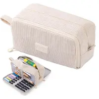 Merkloos Etui met 3 vakken, grote capaciteit, beige kleur, geschikt voor school en kantoor
