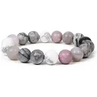 Marama Natuursteen Kralenarmband Snow - Dames – Jaspis – 10 mm Kralen – Elastisch – Grijs, Wit,Pasteltinten