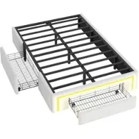 OKWISH Gestoffeerd Bed 90x200 cm - Met RGB LED Lichtstrip - Met Lades - Met Metalen Lattenbodem - PU Leer - Wit - Zonder matras