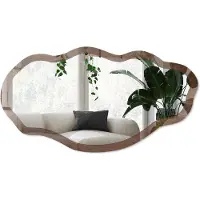Wallfluent Bruin Hout Spiegel - Bruin Rechthoekige Spiegel Met Modern Design - Organische Spiegel - Woonkamer - Rustiek - 45x90 cm - Totale afmeting 52x97 cm