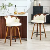 STILVORA Barkruk – Bloemvormige Rugleuning – Set Van 2 – Met Armleuningen En Metalen Voetring – Voor Keukeneiland En Bar – Hout Wit