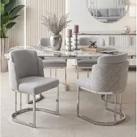 OKWISH 4-delige set stoelen met zilverkleurige, gegalvaniseerde poten, keukenstoelen met chenillestof, eetkamerstoelen voor keuken of eetkamer, grijs