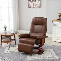OKWISH Relaxfauteuil Draaibaar Met 145 Graden Verstelbare Rugleuning En Handmatige Voetsteun Voor Woonkamer En Slaapkamer Kunstleer Bruin
