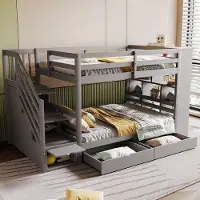 OKWISH Stapelbed 90x200 cm – Veiligheidsbed Met Trap Met Opbergruimte – Opberglades & Grote Kast Voor Kinderkamer – Grenenhout – Grijs – Zonder Matras