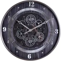 Fresco Wandklok 60 Ø cm met Bewegende Tandwielen – Black Wood & Silver – Grote Industriële Wandklok