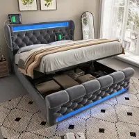 Sweiko Tweepersoonsbed - 140x200 cm - LED-verlichting - USB/Type-C - Opbergruimte - Velvet - Grijs