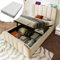 STILVORA Gestoffeerd Bed 90x200 cm – Eenpersoonsbed Met USB Type-C & Hydraulische Opbergruimte – 7-Zone Pocketmatras H3 Inbegrepen – Linnen – Beige – Met Matras