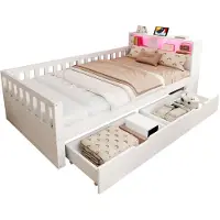 Merax Eenpersoonsbed 90x200 cm - Bed Met Opbergruimte - 2 Laden - Hoofdbord Met Opbergvakken - LED Verlichting - USB-C En Stopcontact - Veiligheidshek - Wit