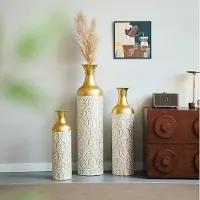 HAUSS SPOLE Bodenvaas – 3-Delige Set – 50/66/83 cm – Metaal – Goud en Wit – Voor Droogbloemen, Planten en Woondecoratie