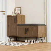 STILVORA Schoenenkast - Schoenenbank Met Zitting En 3 Deuren - Voor Hal En Woonkamer - Spaanplaat En Metaal - 100x34x68,5 Cm - Naturel