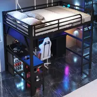 HAUSS SPOLE Hoogslaper 140x200cm - Met Bureau En Boekenkast Met Ledverlichting En Oplaadstation - Met Kast En Lades - Metaal En MDF - Zonder Matras - Zwart