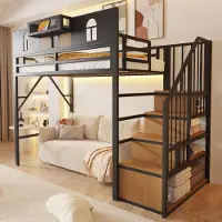 OKWISH Hoogslaper 90 x 200 cm - Met Verlichting en Opbergruimte - Met Opbergtrap en Plank - Zonder Matras - Metaal en MDF - Zwart