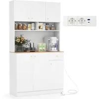 Costway Keukenkast van hout, buffetkast met stopcontacten en USB-poorten, hoge kast voor keuken met verstelbare planken, opbergkast voor keuken, eetkamer, woonkamer, 100 x 40 x 181 cm, wit