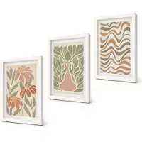 Coloray 3-Delige Schilderij Set - Pastelkleurige bloemenillustraties met golvende abstracte lijnen - 20x30 - Stijlvolle Muurdecoratie - Kantoor - Decoratieve Schilderijen