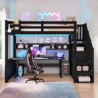 HAUSS SPOLE Hoogslaper 90x200 cm Zonder matras - Bed Met Opbergtrede, Opbergkast En LED-Verlichting - Voor Kinderkamer En Studiehoek - Hout - Zwart