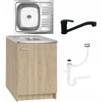 Stamar - Keukenonderkast 60 cm - eiken sonoma - RVS spoelbak 60 x 50 cm, zwarte draaibare kraan en sifon