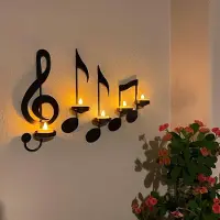 Snq 4-delige wandlamp-kandelaarset - 3 maten - Muzieksymbool Wandlamp-kandelaar - Metalen kandelaars - Geschikt voor bruiloften, veranda's, patio's, paden, woonaccessoires - Muzieksymboolvorm - Zwart