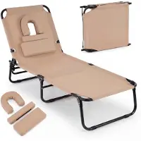 Costway zonneligstoel, inklapbaar, tuinstoel met opening voor het gezicht, 3 afneembare kussens en een verstelbare rugleuning in 5 standen, strandligstoel, bruin