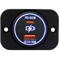 Proride 12-24V USB/USB C Autolader 2 Poorten Inbouw - 100W+36W QC3.0 - Snellader - Enkelvoudig Paneel - Blauw