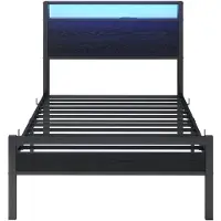 Merax Eenpersoonsbed 90x200 cm - Metalen Bedframe - Bed Met Opbergruimte - LED Verlichting - USB-C - Hoofdbord Met Opbergvakken - Zwart