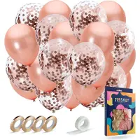 Fissaly 40 stuks Rose Goud Helium Ballonnen met Lint – Verjaardag Versiering - Decoratie - Papieren Confetti – Roze Gold Latex