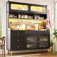 OKWISH Dressoir - Hoge Kast Met Ledverlichting En App-Bediening - 145 x 39 x 171 cm - Met Lade En Glasdeur - Voor Keuken En Woonkamer - Zwart