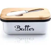 LONGZIMING -Botervloot met Deksel - Botervloot voor 250 g Boter - RVS Boterdoos met Houten Deksel en Botermes - Boter Bewaren voor Keuken en Ontbijttafel - 15,6 x 10,6 x 6,1 cm