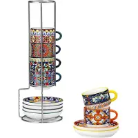 Happiq 6-delige Bohemian Porseleinen Kopjeset 5 oz – Met Schotels en Metalen Houder voor Espresso, Cappuccino, Latte & Thee