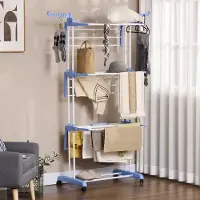OKWISH Droogtoren Met Wielen En 4 Lagen 73 X 64 X 177 Cm Uitklapbaar Staal Blauw Voor Binnen En Buiten Met Dubbele Ophanghaken