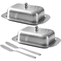 LONGZIMING -2-delige Botervloot van RVS met Deksel - 17,9 x 12,2 cm - Inclusief Botermes - Botervloot voor Boter, Desserts en Fruit - Zilver