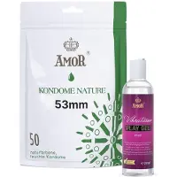 Vibratissimo Play Gel met 250 ml & AMOR Condooms Nature 50-pack I Watergebaseerd glijmiddel & condooms 53mm breed I Glijmiddel Gel voor speeltjes & latex condooms