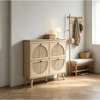 OKWISH Schoenenkast - 4 Kleppen Met Rattanlook Fronten - 105 x 24 x 97,5 cm - Opbergruimte Voor 20 Paar - Bohemian Stijl - Spaanplaat Naturel Hout