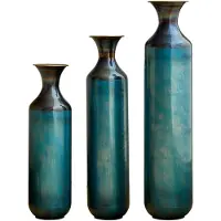 Muvano Handgemaakte Metalen Vaas - Decoratieve Vaas - Blauwgroene Vaas - Patina Vaas - Vintage Stijl - Handgebrand - Voor Droogbloemen - Woonkamer - 3 Stuks - Blauwgroen